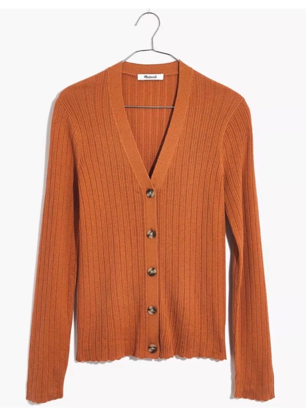Madewell Ribbed V-Neck Cardigan in Burnt Orange Merino Wool Blend Size XL